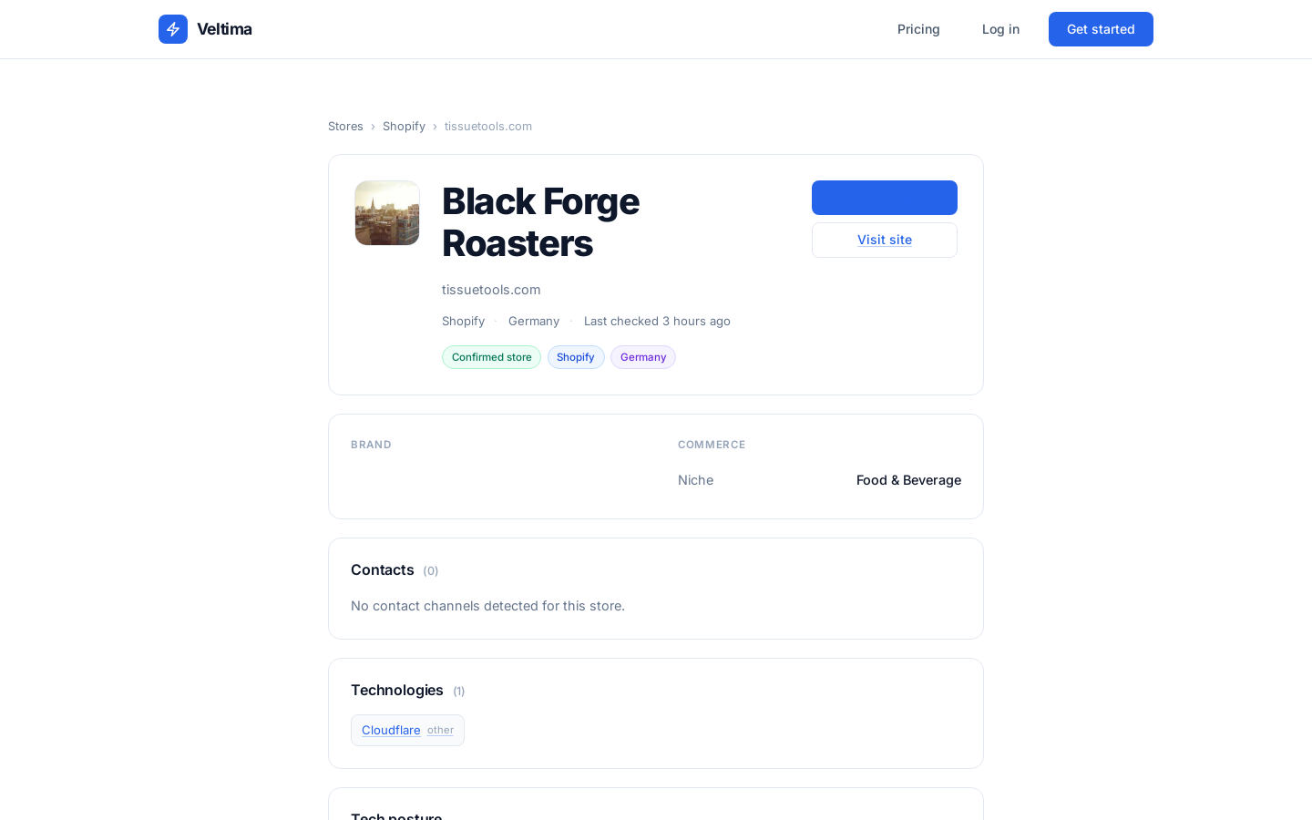 Veltima store profile page with tech stack, contacts, and signals